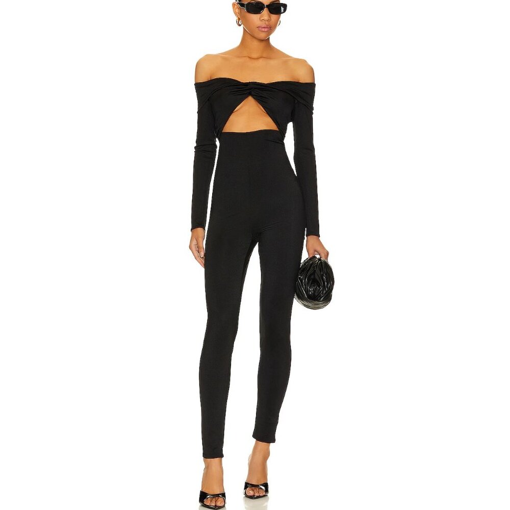 NWT $238 NBD JOURNI OFF THE SHOULDER BLK JUMPSUIT W/KNOTTED FRONT & CUTOUT S